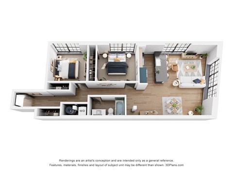 A 3D floor plan of a small apartment with a kitchen, living room, and bedrooms.